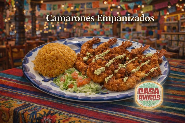 Camarones Empanizados platter with breaded shrimp, rice, and lettuce on decorative plate